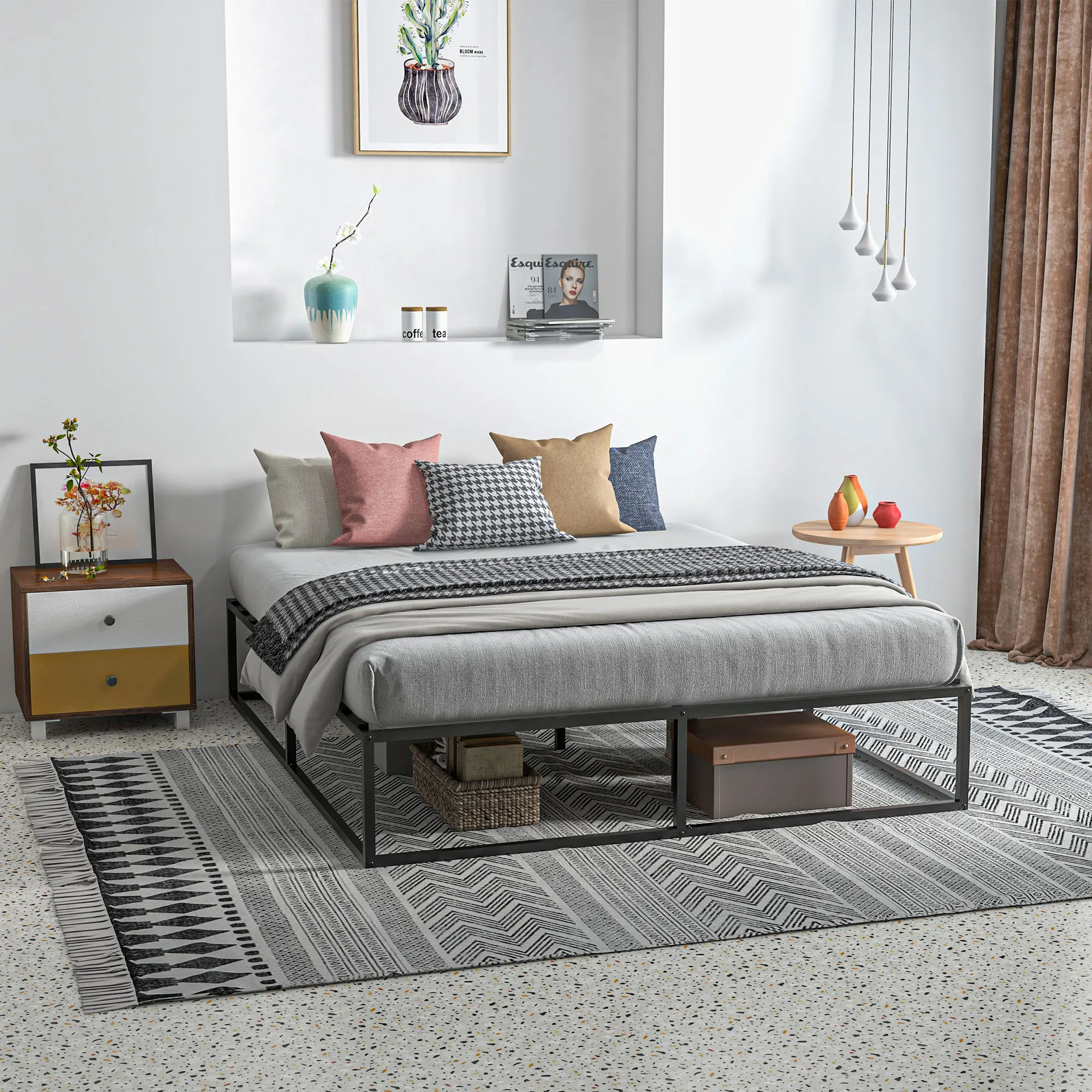 Estructura De Cama De Láminas Contenedor Inferior Homcom, Somier Doble De Madera Y Metal, 190 X 160 X 35 cm
