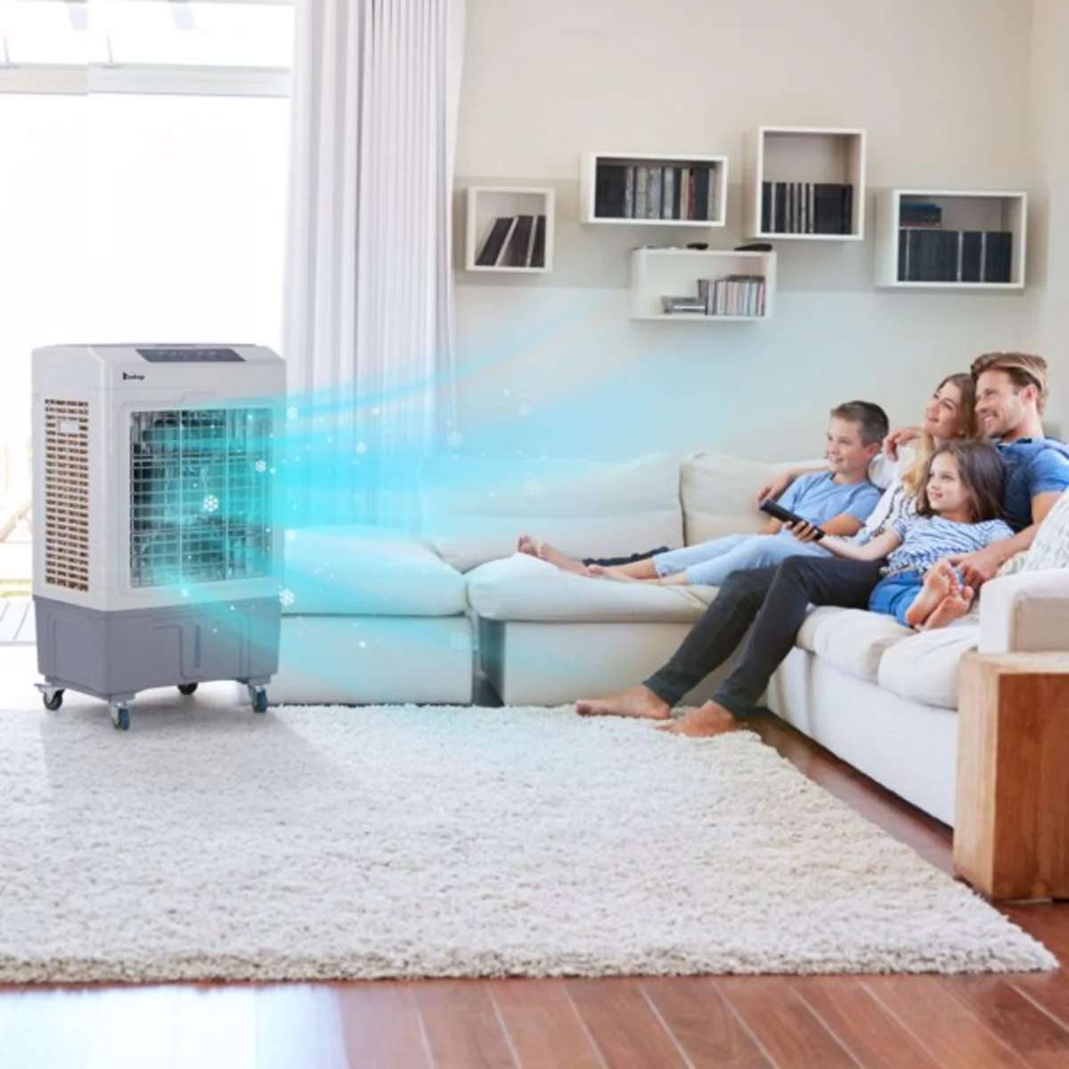 Портативный испарительный охладитель 3-в-1 — 2647 куб. футов в минуту, бак 10,57 галлона, пульт дистанционного управления, пакеты льда (белый/серый)