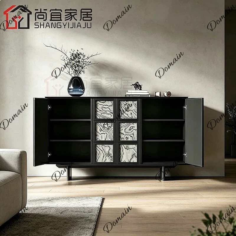 Vintage Wabi-Sabi Sideboard with Ink Wash Pattern Entryway Storage Cabinet for Living Room Retro Buffet