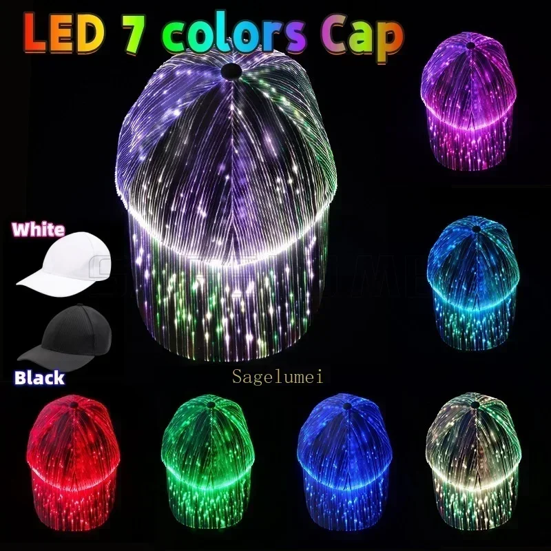 LED Fiber Optic Hat Rechargeable Light Up Night Running Baseball Cap Glow Hat Hip-Hop Luminous Hat Party Disco Bar Flashing Caps