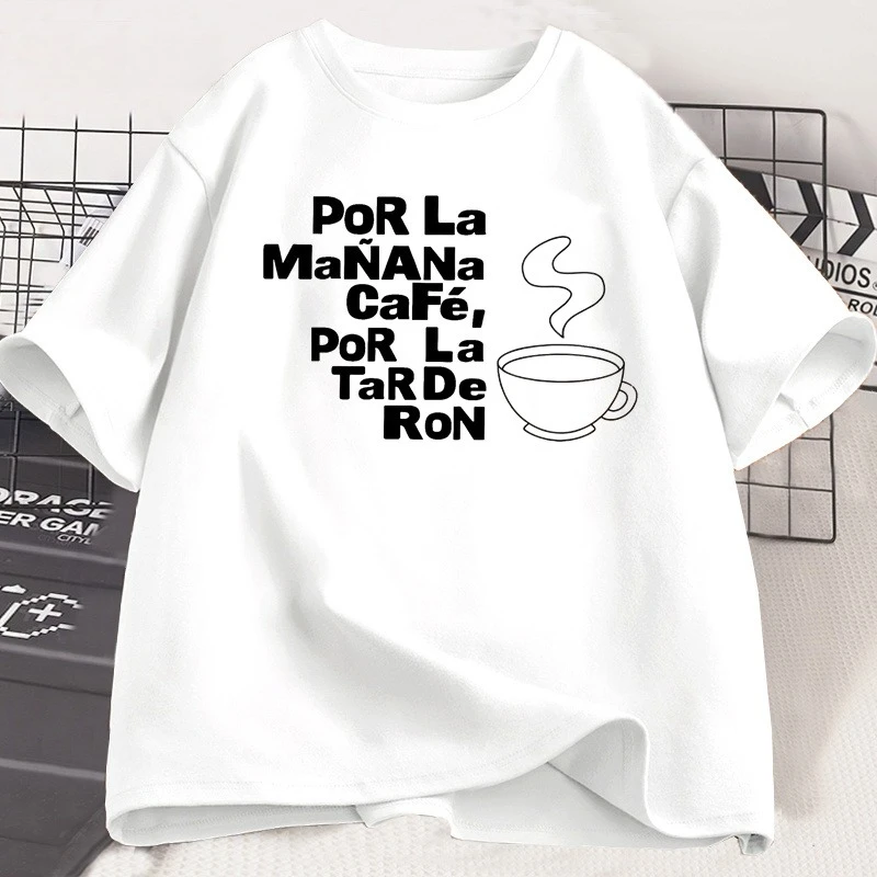 

2026 Summer Minimalist POP La MaNANa Coffee Cup Print Women's Short Sleeve T-Shirt in Black and White