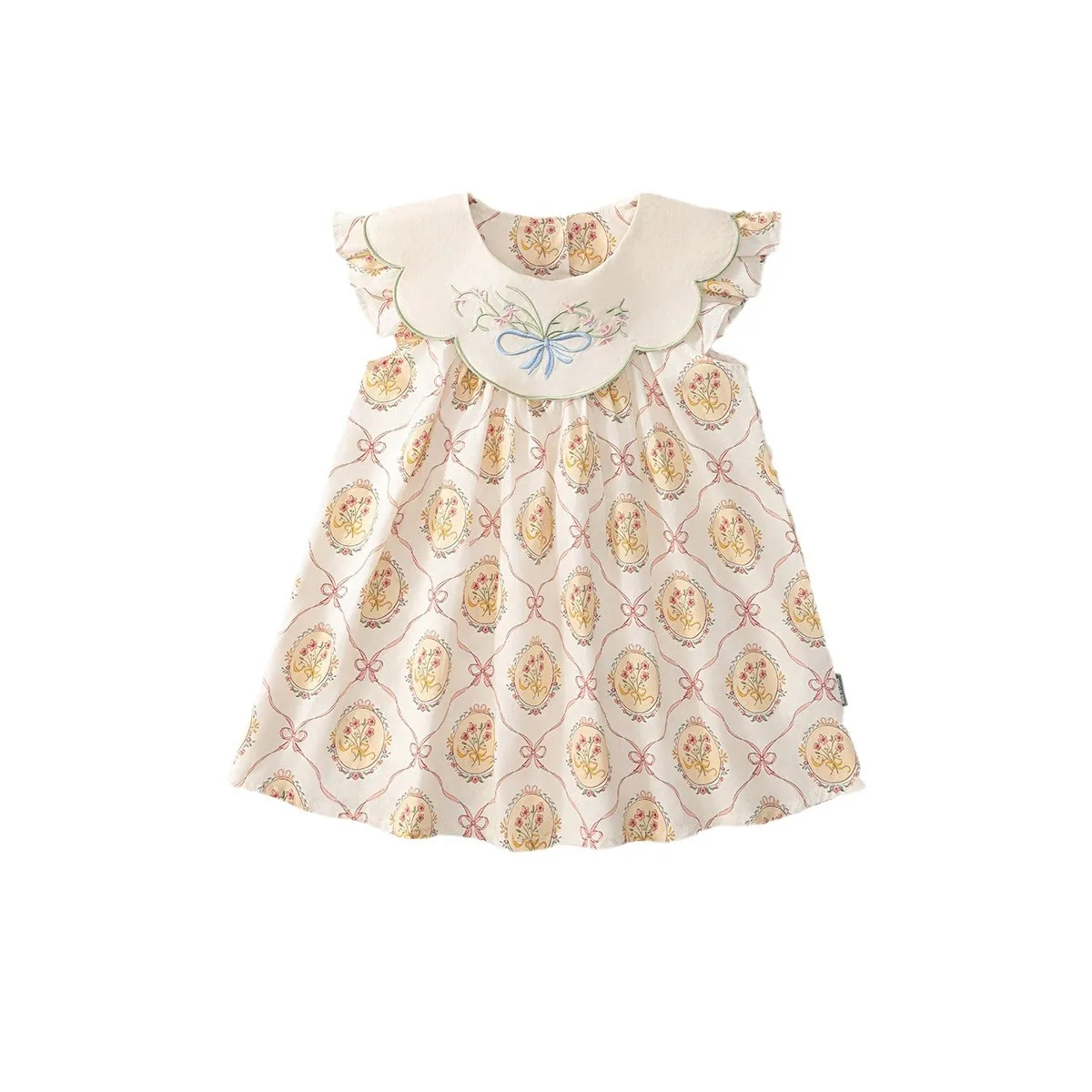 

2025 Summer Girls' Cream Cotton Dress - Vintage Peter Pan Collar Blue Floral Stitch Cap Sleeve Back Bow Photoshoot-Ready 2-7Y