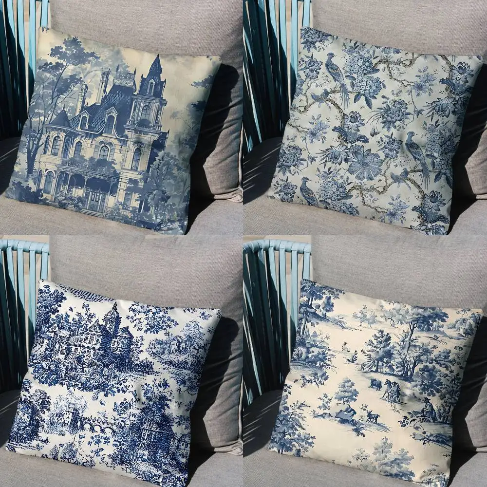 

blue art Toile de Jouy Pillow Case Anti-dustmite Pillowcase Invisible zipper silky short plush Sofa cushion cover