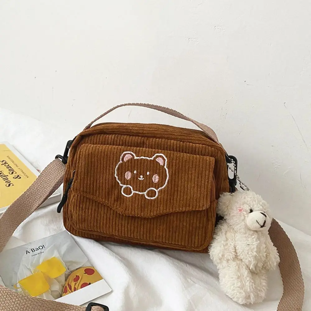 Cartoon Bear Print Black Messenger Bag Corduroy Shoulder Bags Student Tote Women Fashion Travel Handbags Satchel Storage Bag