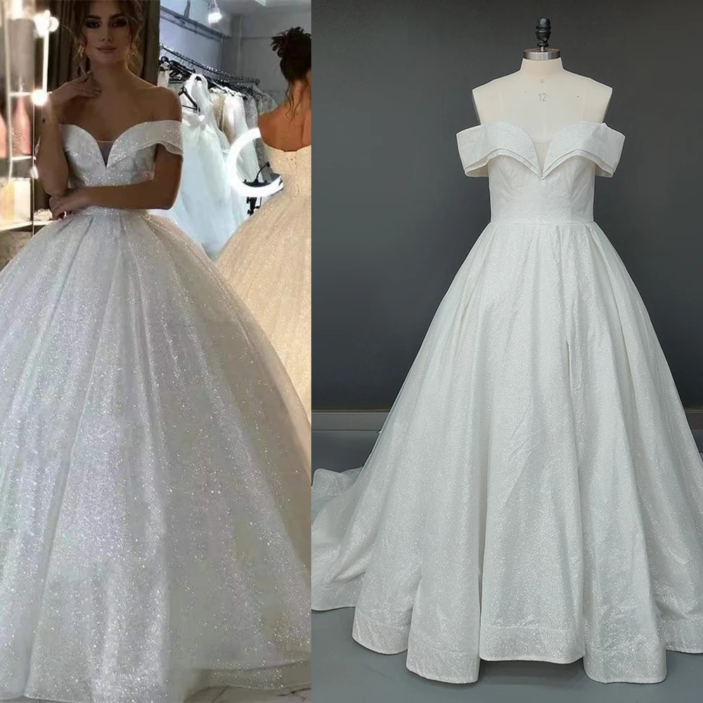 Robe de Mariée en Tulle Scintillant avec Col en V et Traîne en Brosse Moelleuse, Vêtement de Luxe Personnalisé avec de Vraies Photos pour les Patients Brillants