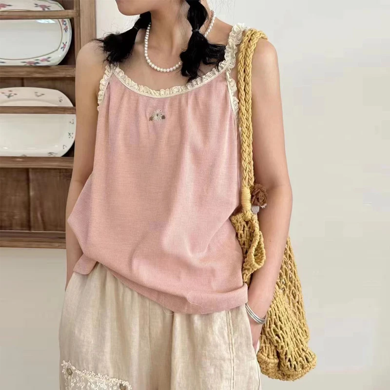 Johnature Summer 2024 New Japanese Mori Women Cotton Embroidered Tops Camisole Lace Outer Wear Under Casual All Match Tops