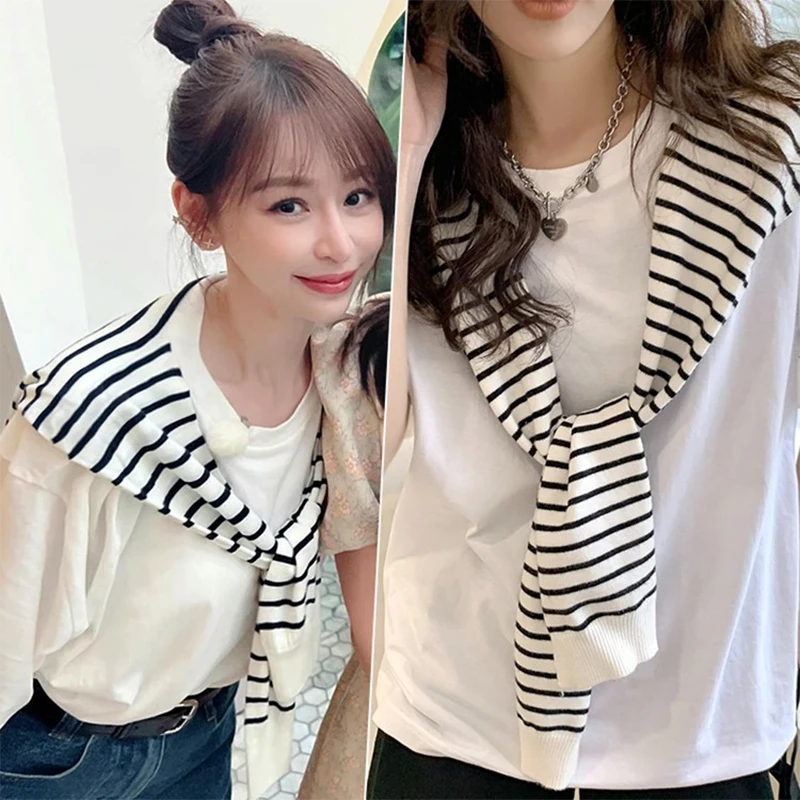 Korean Striped Knitted Shawl Spring Autumn Women Blouse Shoulders Fake Collar Cape Knotted Scarf Small Shawl