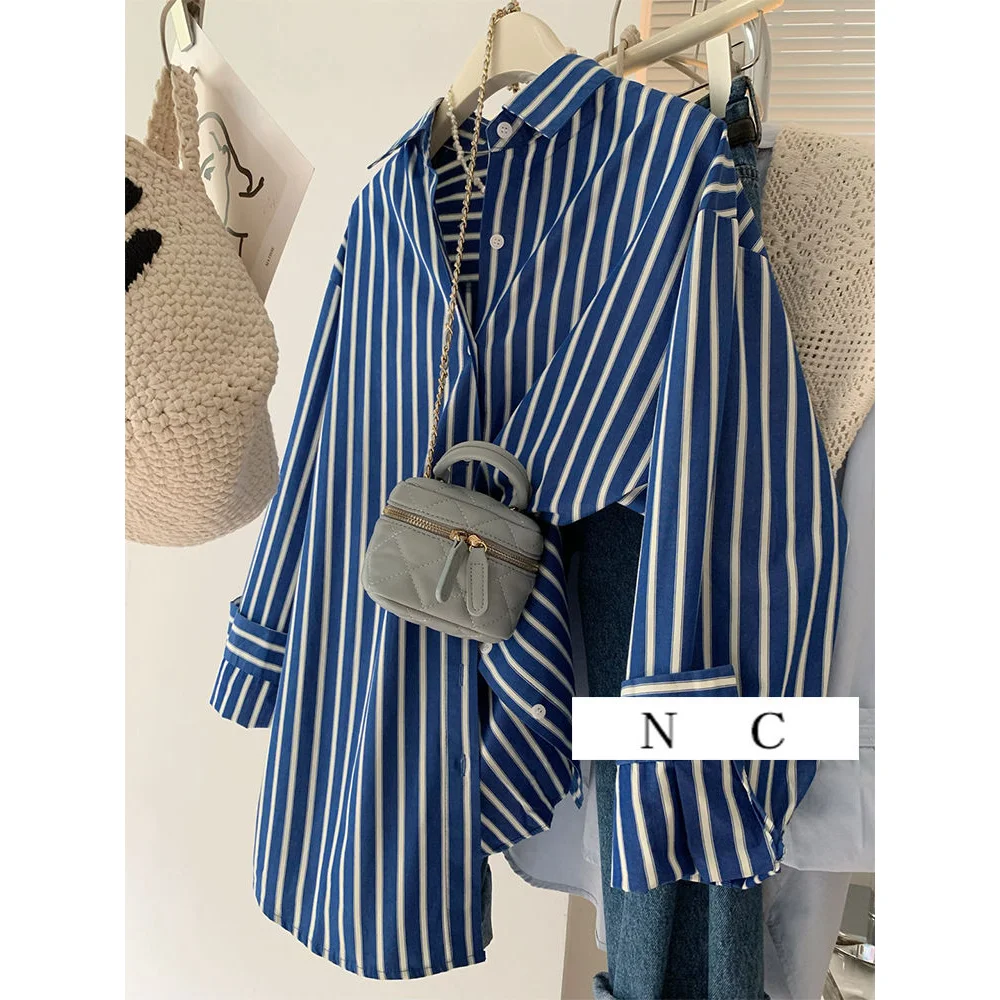 Elegant Blue White Striped Long Sleeve Shirt Jacket Women's Korean Style Casual Shirt Top Lazy Fashion Airy Thin Cotton