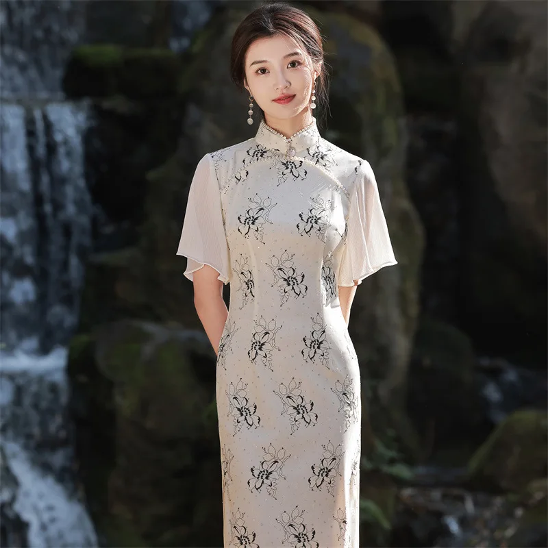 

Chinese Stand Collar Gothic Dress Emboridery Lace Qipao Red Vintage Evening Party Vestido Long Robe Cheongsam White Elegance