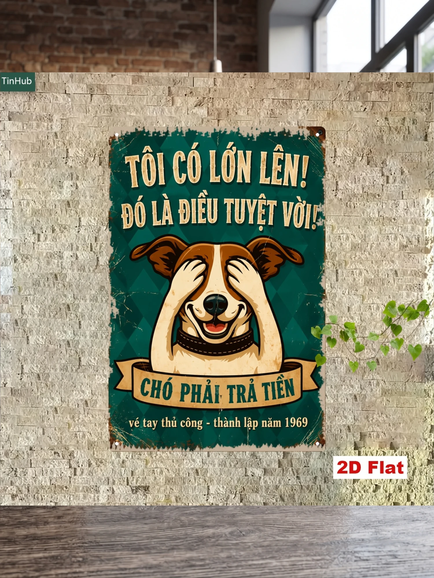 2D Flat, 2D Flat 1pc Vintage Vietnamese Slogan Metal Sign, 7.87x11.81inch Iron Wall Decor, Fun Blindfolded Dog Pattern Design, Art Hanging Decoration, Suitable for Home Living Room, Pet Shop, Cafe, Office, Tin Painting Wall Decor, Fun Animal Poster