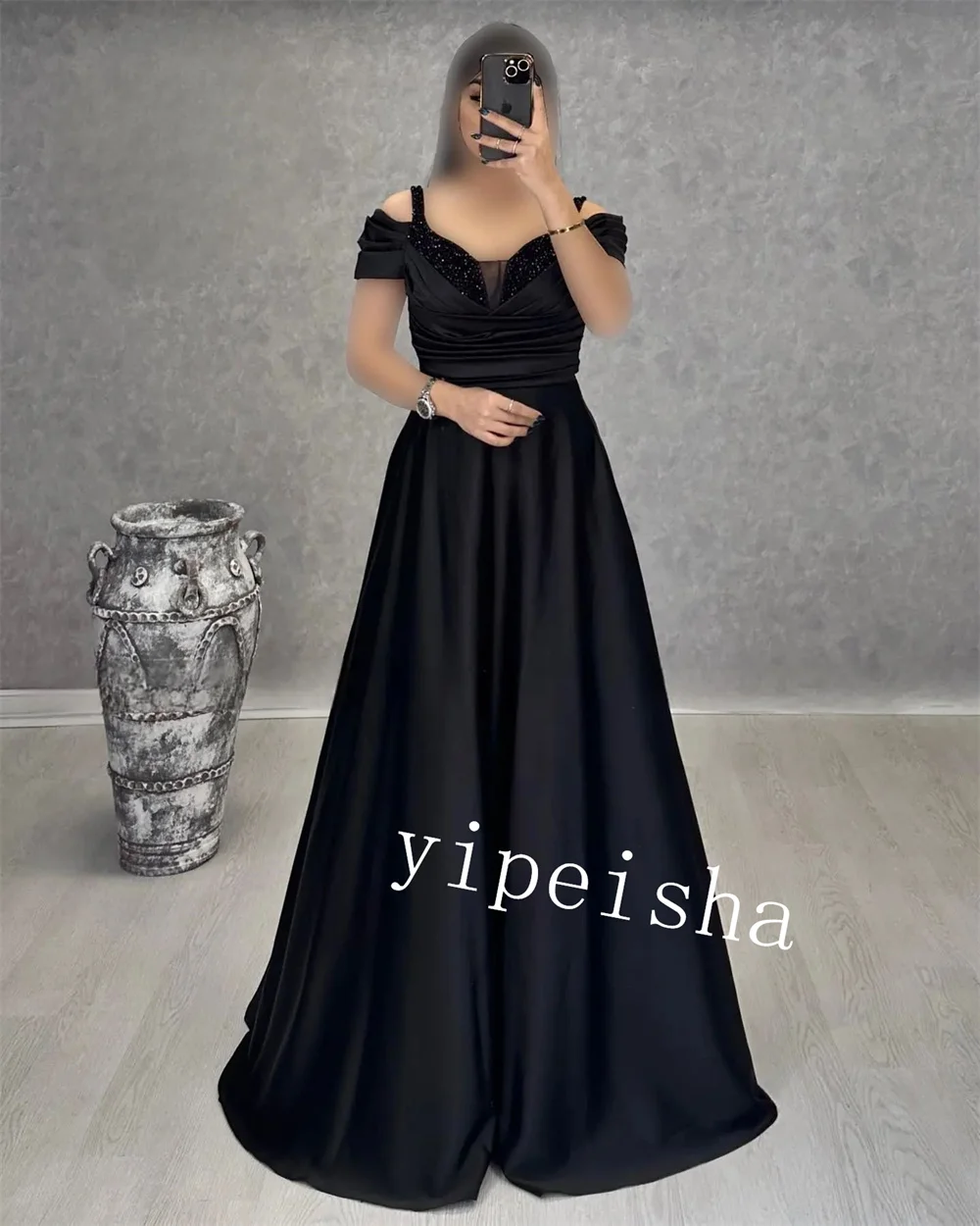 Satin Rhinestone Pleat Ruched Valentine's Day A-line Off-the-shoulder Bespoke Occasion Gown Long Dresses