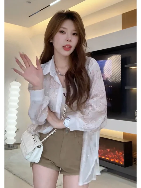 

Женский летний новый свободный крой Long Sve Sun Protection irt, тонкий топ из полиэстера, белый тяжелый топ со стразами