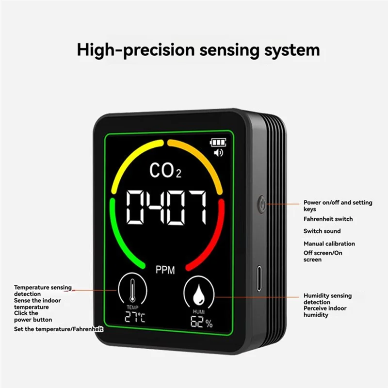 Y14A 3 In 1 Air Quality Monitor With Stand CO2 Temperature Humidity Tester CO2 Detector Carbon Dioxide Detector Black