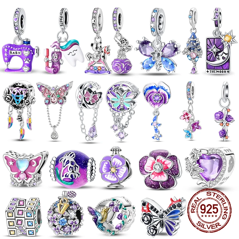 925 Sterling Silver Purple Series Crystal Castle Bear Trojan Pendant Dark Night Butterfly Beads charms Fit Bracelets DIY Jewelry