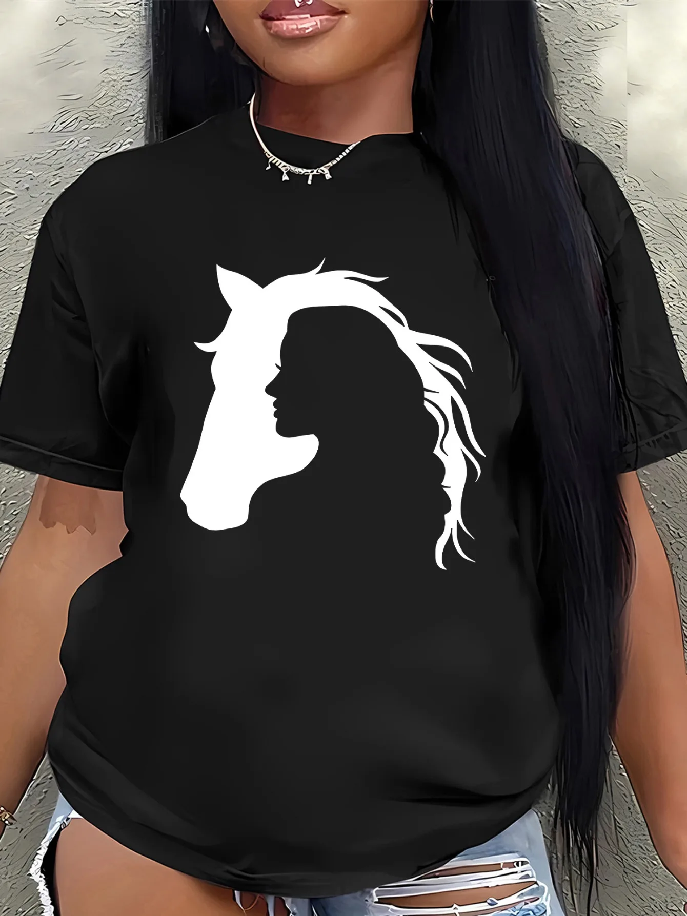 Women Summer Fashion Horse Head Design Graphic Printed Casual Daily Wear Lightweight Comfortable Short Sleeve Tops for Ladies