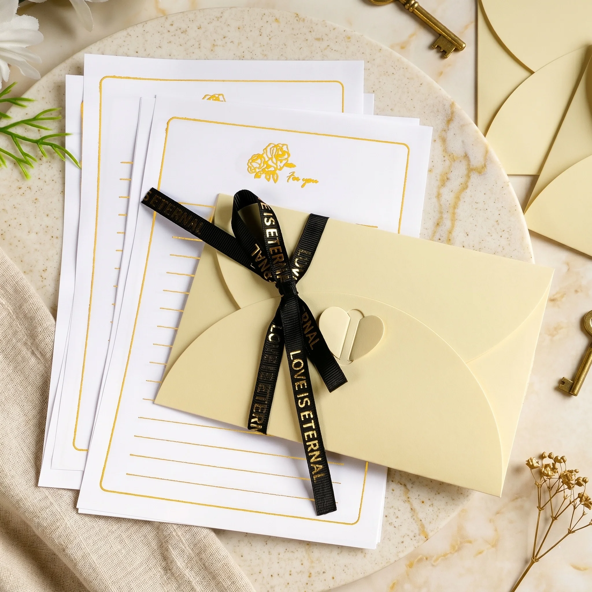 

Yellow Gold Foil Stationery Envelope Set, Romantic Love Letter Paper for Wedding Invitation Birthday Greeting Card Gift