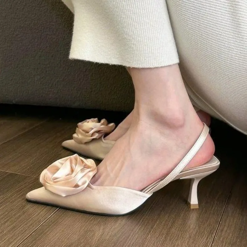 

New Design Flower Fashion Pointed Toe Pumps Heels Shoes Women Luxury Slingbacks Ladies High Heels Shoes Female Slides Sandals