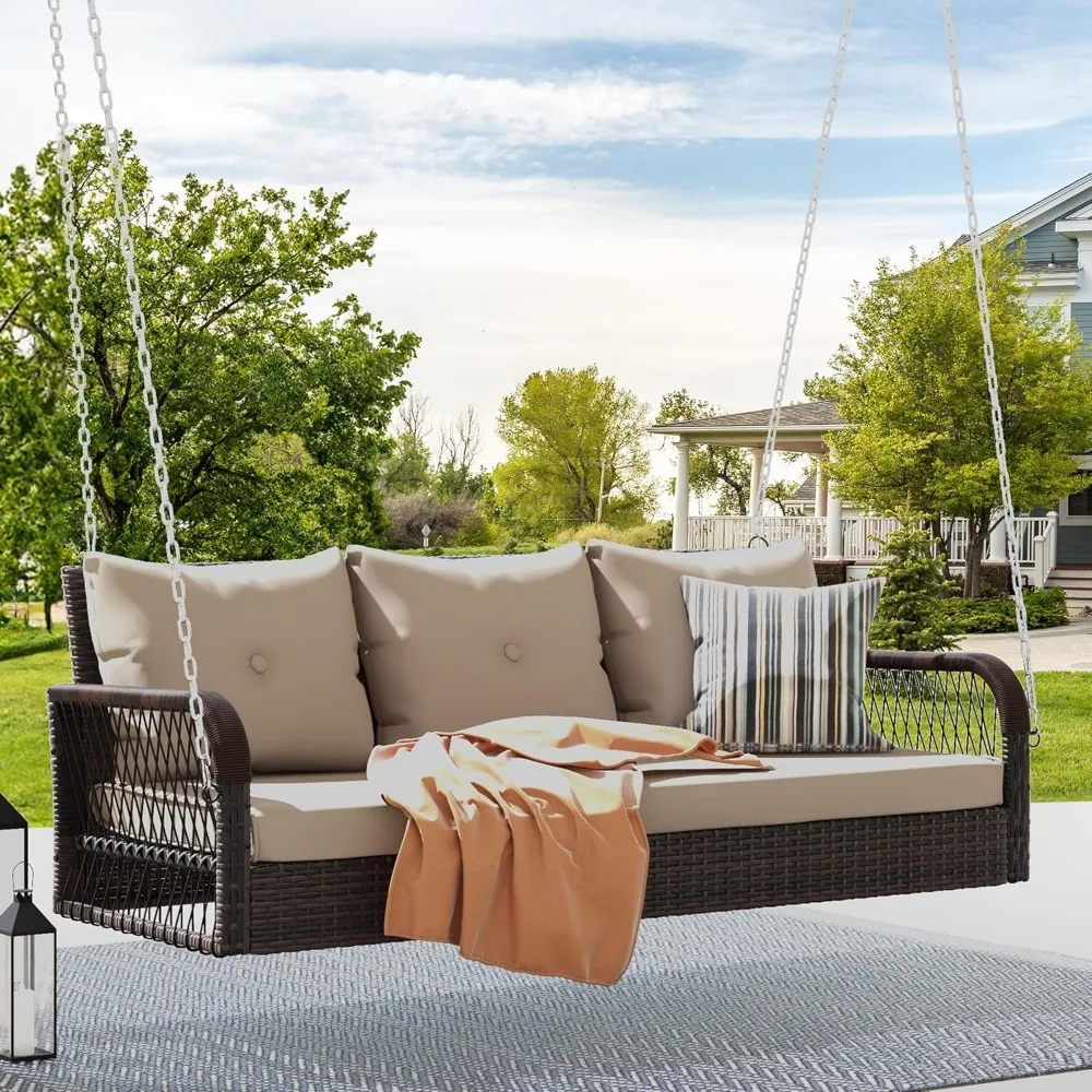 

3 Seats Porch Swing Hanging Bench Swing Outdoor Wicker Patio Swing Lounge Front Rattan 794lbs for Garden, Balcony, Brown&Beige