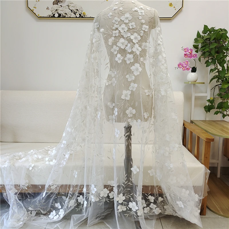 Silberweißer Perlen-3D-Spitzenstoff, Braut-Hochzeitskleid, Vorhang-Kleidung, Stoffstickerei, handgefertigte DIY-Materialien, RS4001 – Detail 7