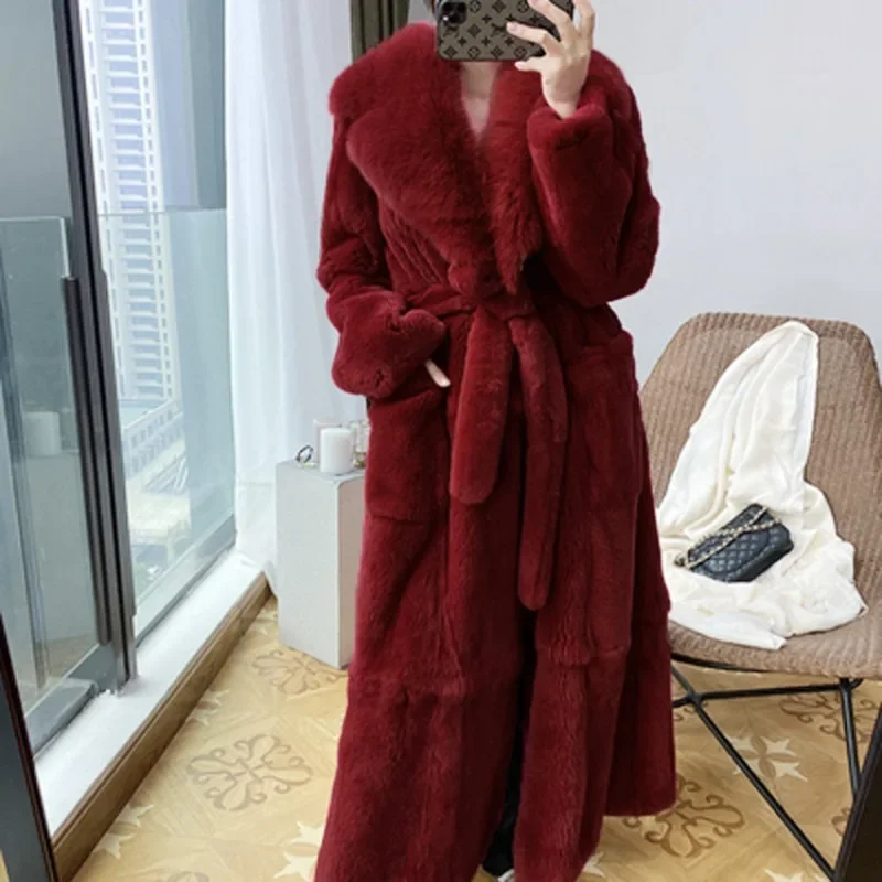 2025 New Faux Fur Coat Women's Mid-Length Coat Fashion Loose with Belt Jacket Winter Solid Warm Pockets Outwear Women Clothing