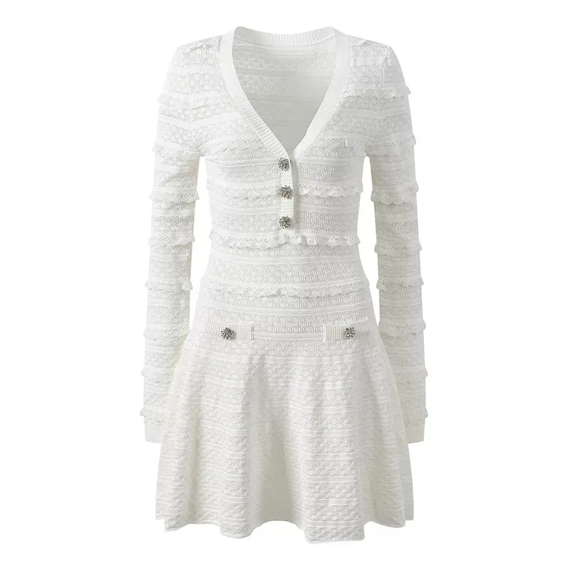 

Women's White V Neck Long Sleeve Ruffle Knit Dress Evening Birthday Party Mini Dress