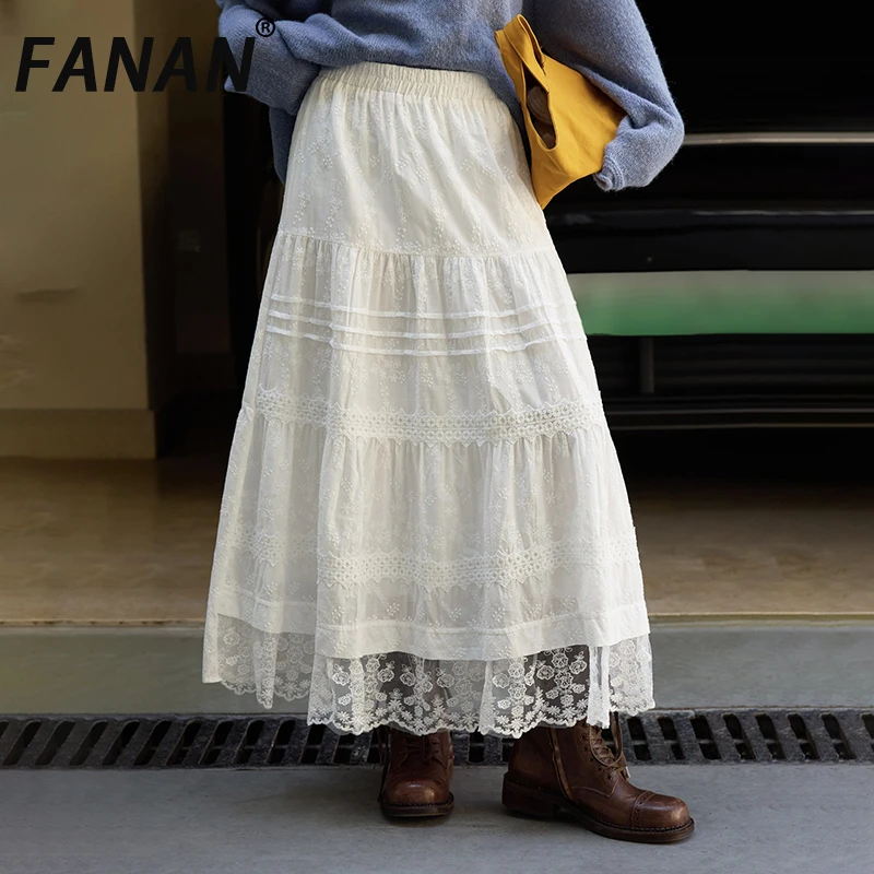 

FANAN Elegant Lace Design A-line Skirts For Women Elastic High Waist Mid-length Office Lady Korean Style Skirt 2025 Autumn New