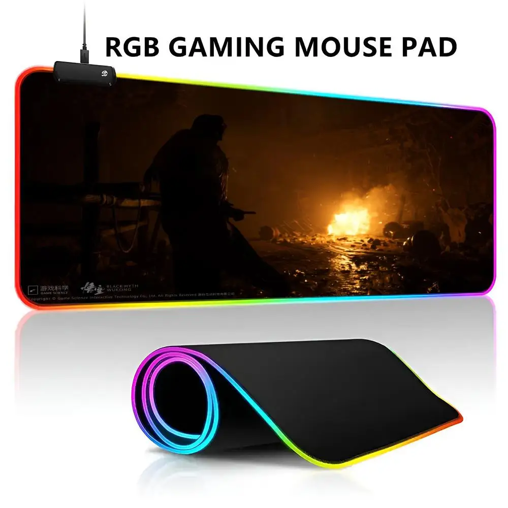 Black Myth Wukong Mouse Pad RGB LED Light Gaming Mousepad Waterproof Large Gamer Mause Keyboard Pad PC Desk Play Mat with Backli