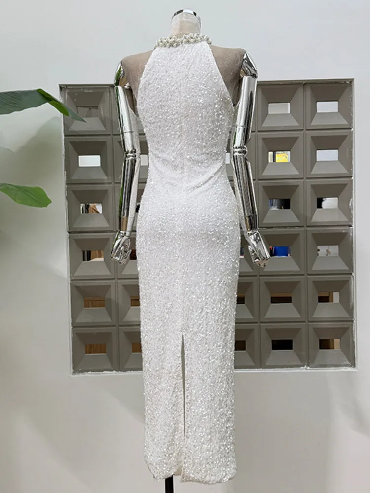 DFDG Damen 2025, Frühling und Sommer, mit Perlen besetztes Neckholder-Samt-Paillettenkleid, funkelndes, figurbetontes Stretch-Slip-One-Step-Cocktailpartykleid