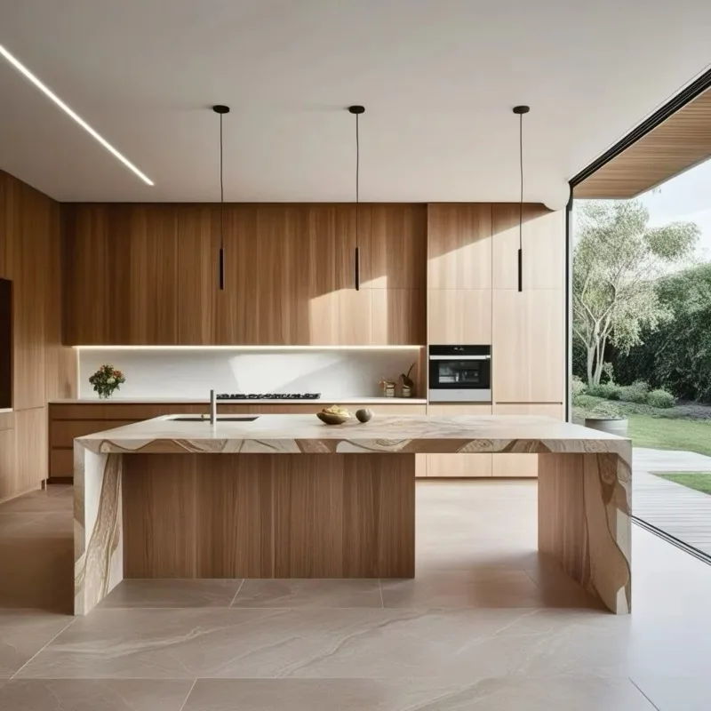 

Luxury Modern Minimalist Complete Solid Wood Veneer Kitchen Cabinet Set Stainless Steel Sink Granite Marble