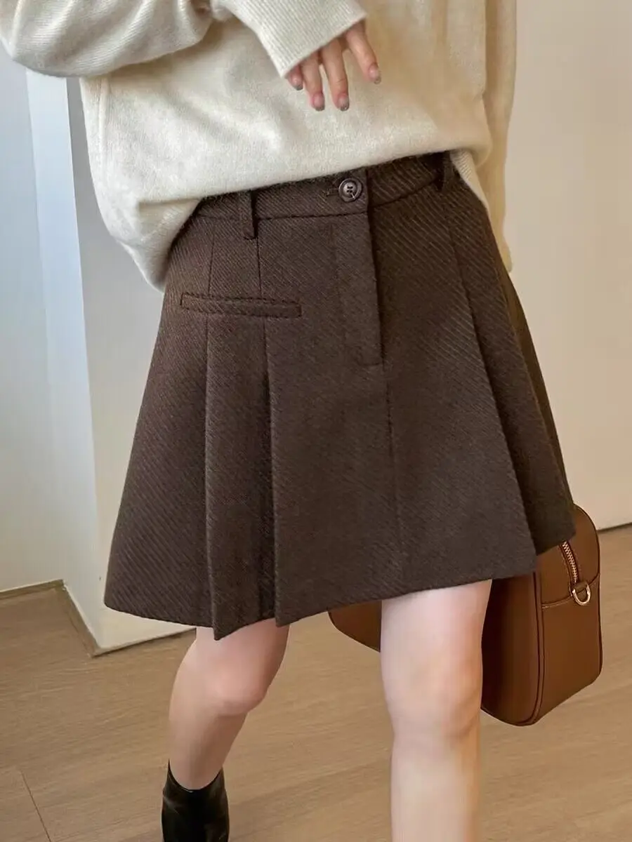 Autumn Winter Solid Short Skirt Elegant Y2K Women High Waist Work Skirts Fashion A-line Korean Stylish Party Pleated Skirts D933