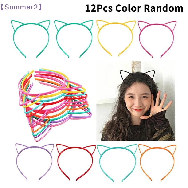【Xia2】12/24Pcs Cute Cat Ears Hairband Solid Color Non-slip Plastic Headband For Children Random Color{S}