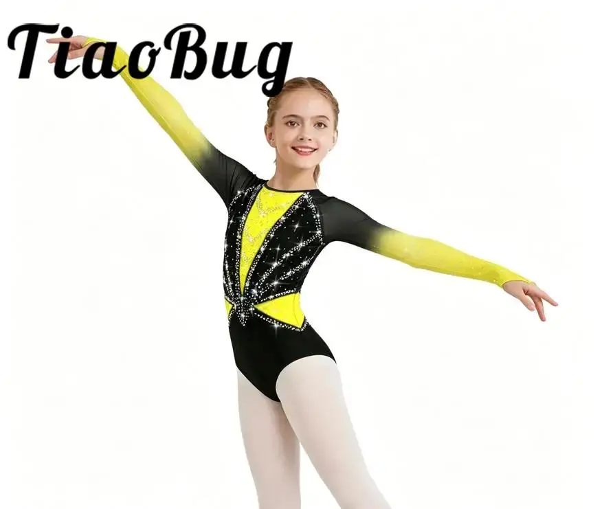 Toddler Girls Ballet Jazz Gymnastics Artistic Leotard Long Sleeve Mesh Bodysuit Rhinestone Design for Figure Skating Performance