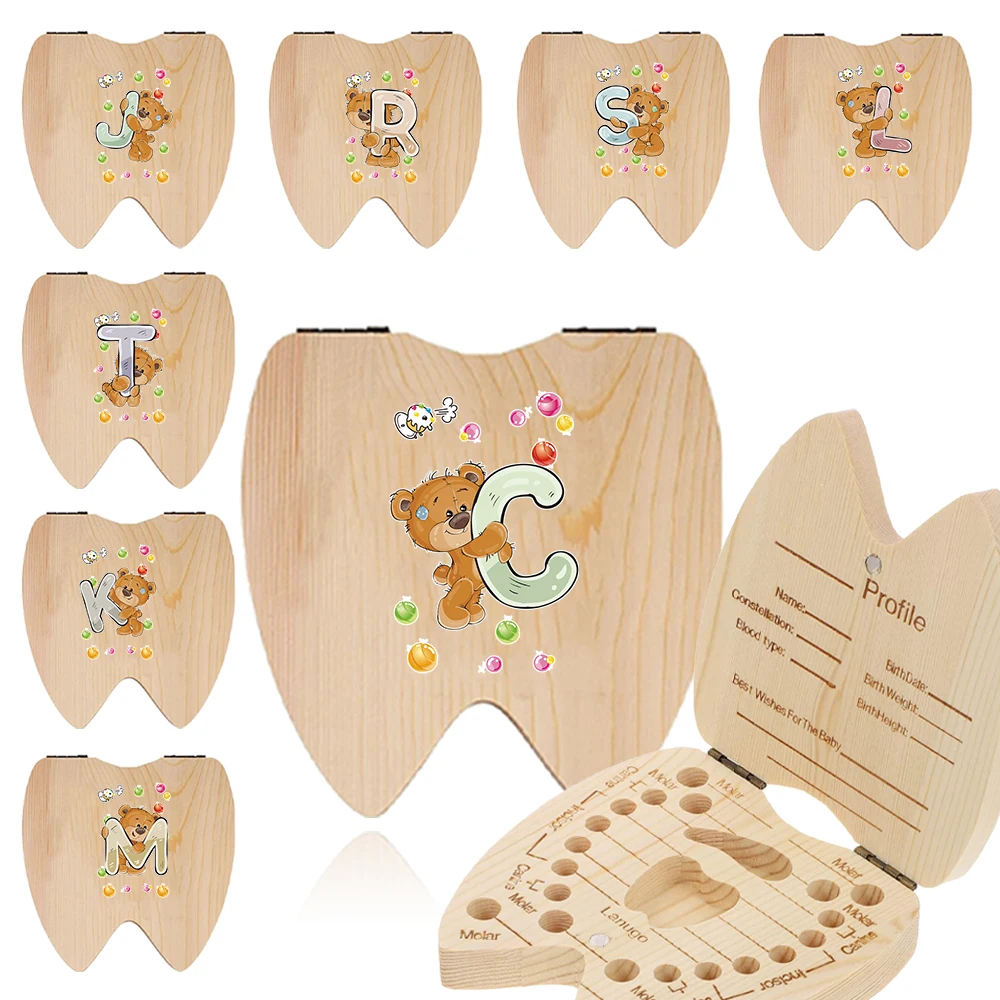 

Multifunctional Wooden Kid Tooth Box Creative Kid Souvenirs Recording Teeth Information Cute Tooth Shape Bear Letter Pattern