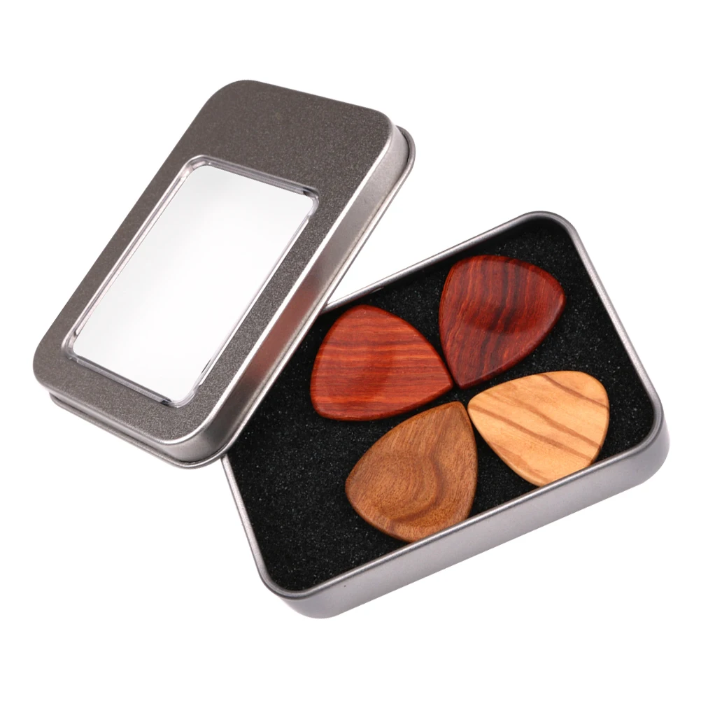 

1 Set/5 Pcs Iron Case and Wooden Guitar Pick Guitar Pickup Accessories Box Guitar Pick Collection Holder Storage Box (Box and 4