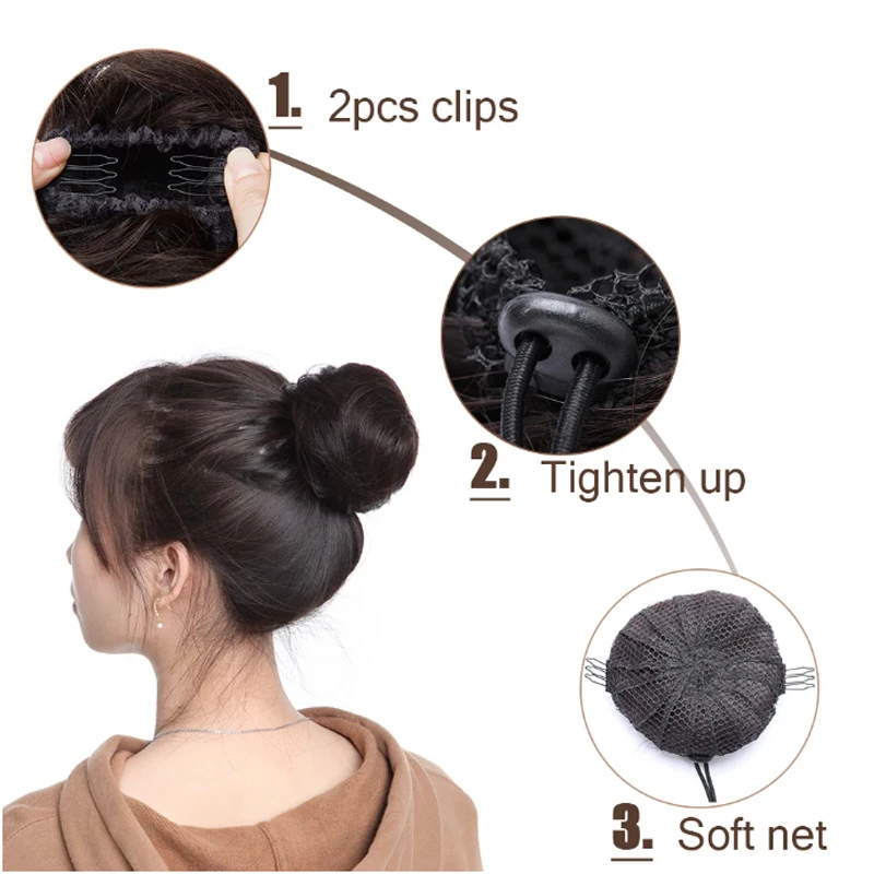 H&STAR Synthetic Short Straight Hair Bun Chignon Clip in Hair Extension Black Brown Hairpiece for Women