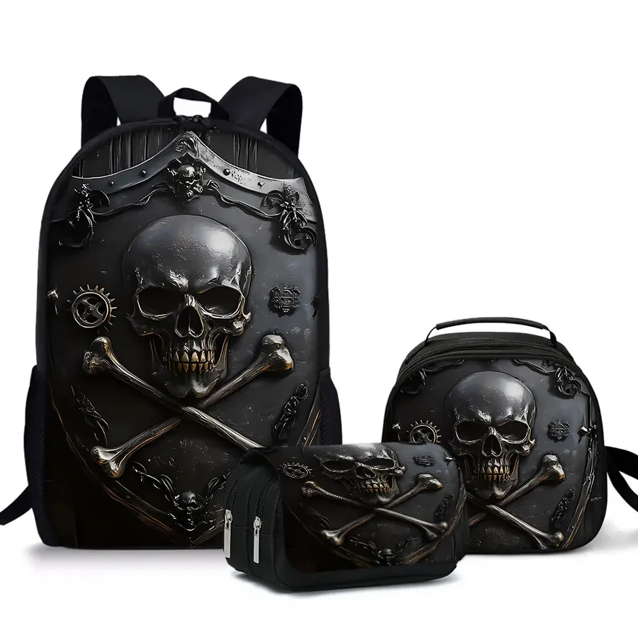 

3pcs Set Skull Round 2D Flat Carton Flip Pencil Waterproof Nylon Lined School Backpack for Boys/Girls Best Gifts for Kids
