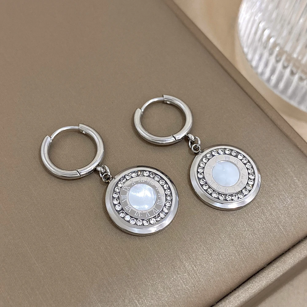 Flashbuy Luxury Women‘s Stainless Steel Rhinestone Roman Numeral Drop Earrings For Women Elegant Statement Fashion Accessories