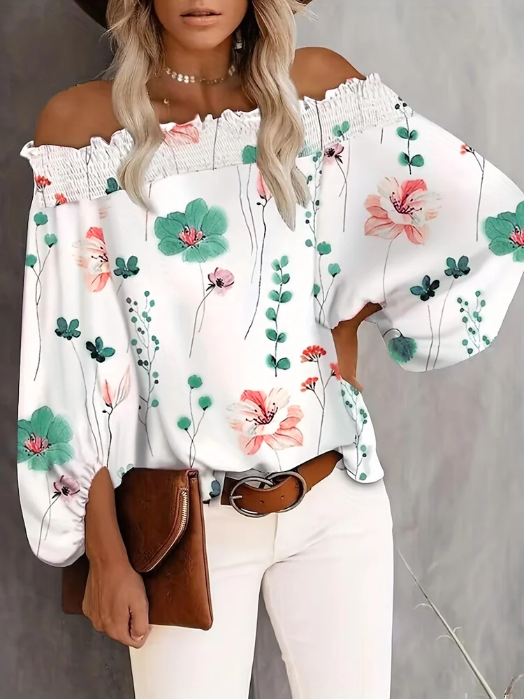 Plus Size New Women's Casual Floral Print Off Shoulder Long Sleeve Blouse Fashion Summer Beach Shirt Tops view 2