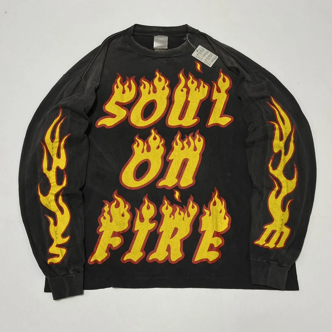 

2024ss Saint SOUL ON FIRE женские и мужские футболки с длинными рукавами, мужская футболка большого размера, трубчатая бесшовная хлопчатобумажная ткань