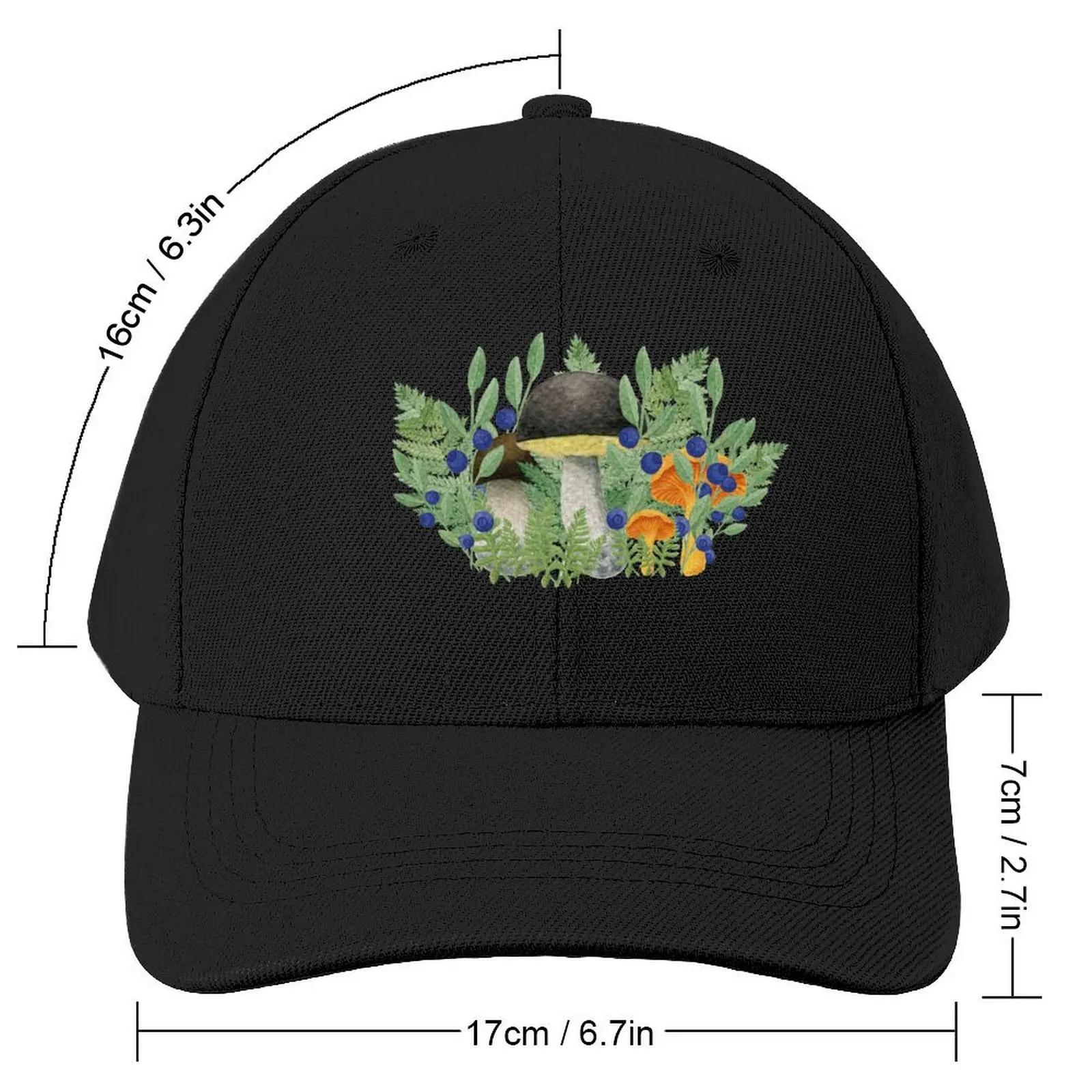 Watercolor Forest Mushrooms Autumn Pattern Black Background Baseball Cap hiking hat hard hat Sunhat derby hat Golf Women Men's