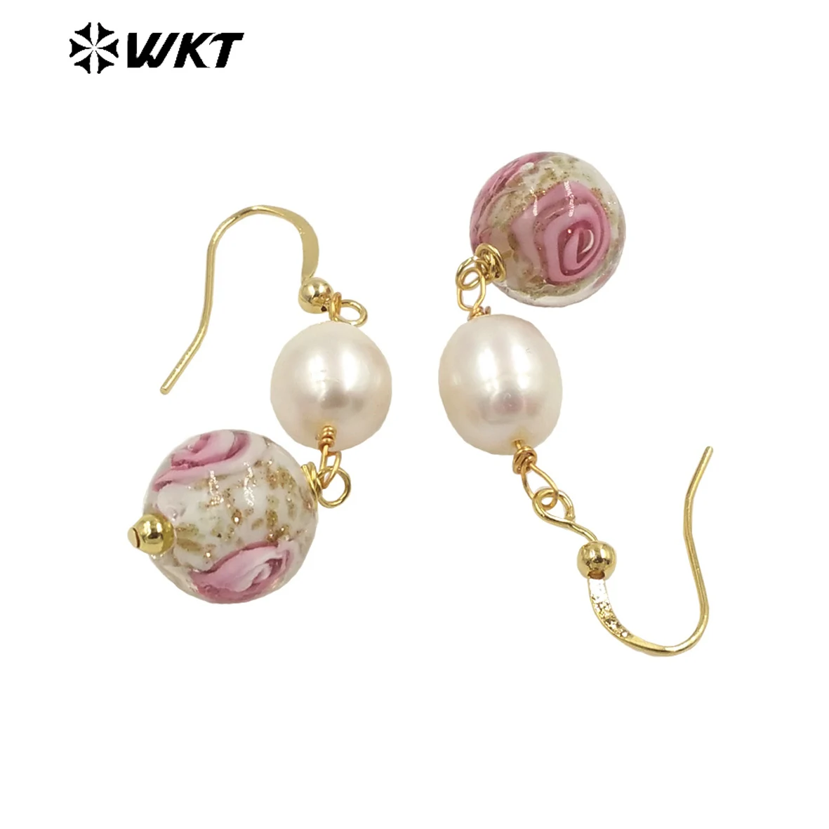 WT-MPE098 Wholesale fashion gold plated wire wrapped Natural freshwater Pearl long flower beads Earrings Gorgeous charm earrings