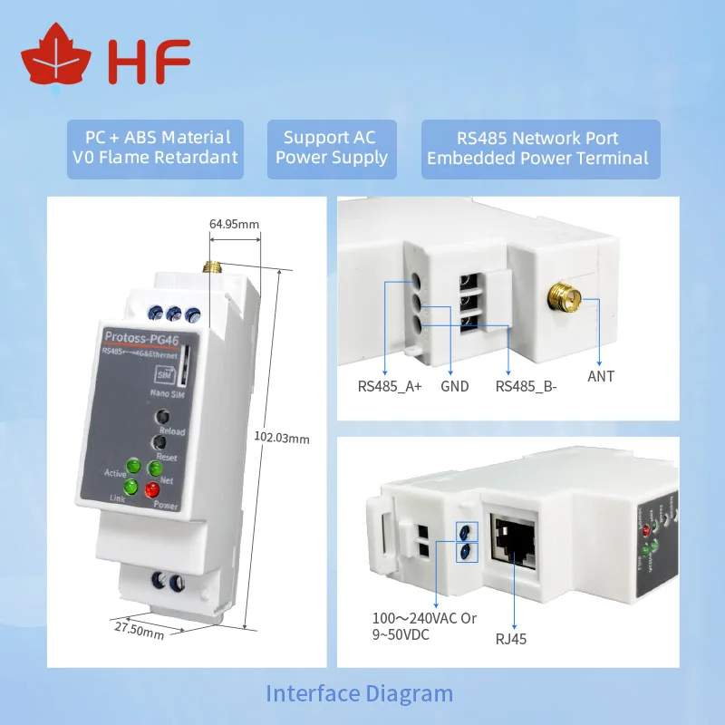 

DIN-Rail Serial Port RS485 To 4G LTE-TDD LTE-FDD 3G WCDMA GSM RJ4 Ethernet Converter Server PG46 AC110V~220V DC Support Modbus