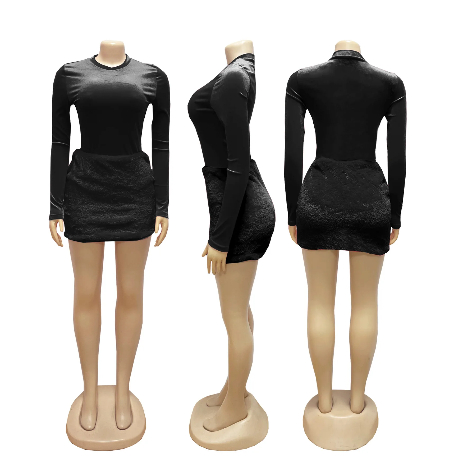 Ensemble 2 pièces en velours pour femmes, body à manches longues + Mini jupes en fausse fourrure, costumes décontractés à la mode, Clubwear d'automne et d'hiver 2025