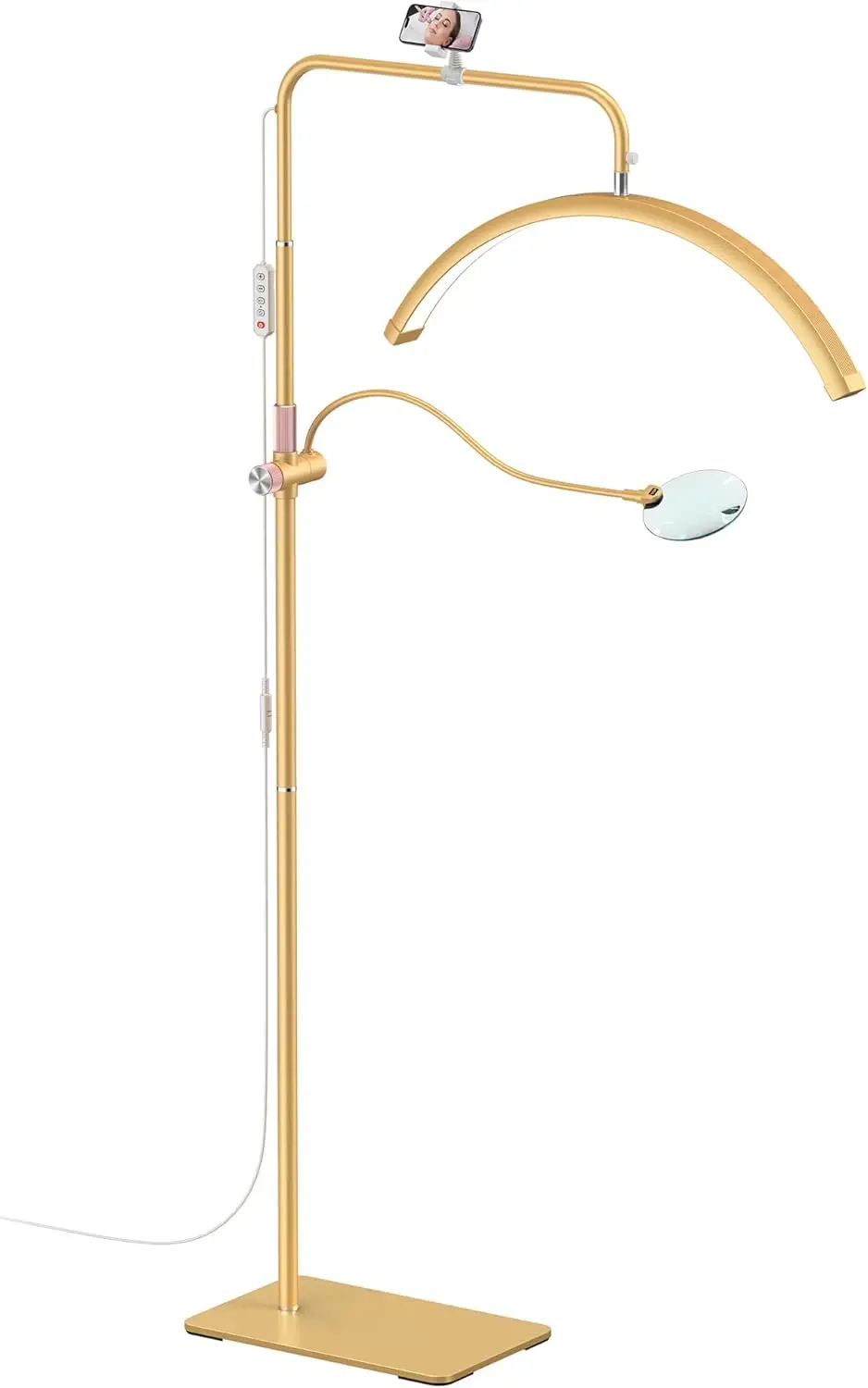 

Регулируемая светодиодная напольная лампа с 4-кратным увеличителем и держателем для телефона для наращивания ресниц, нейл-арта, татуажа, ухода за кожей