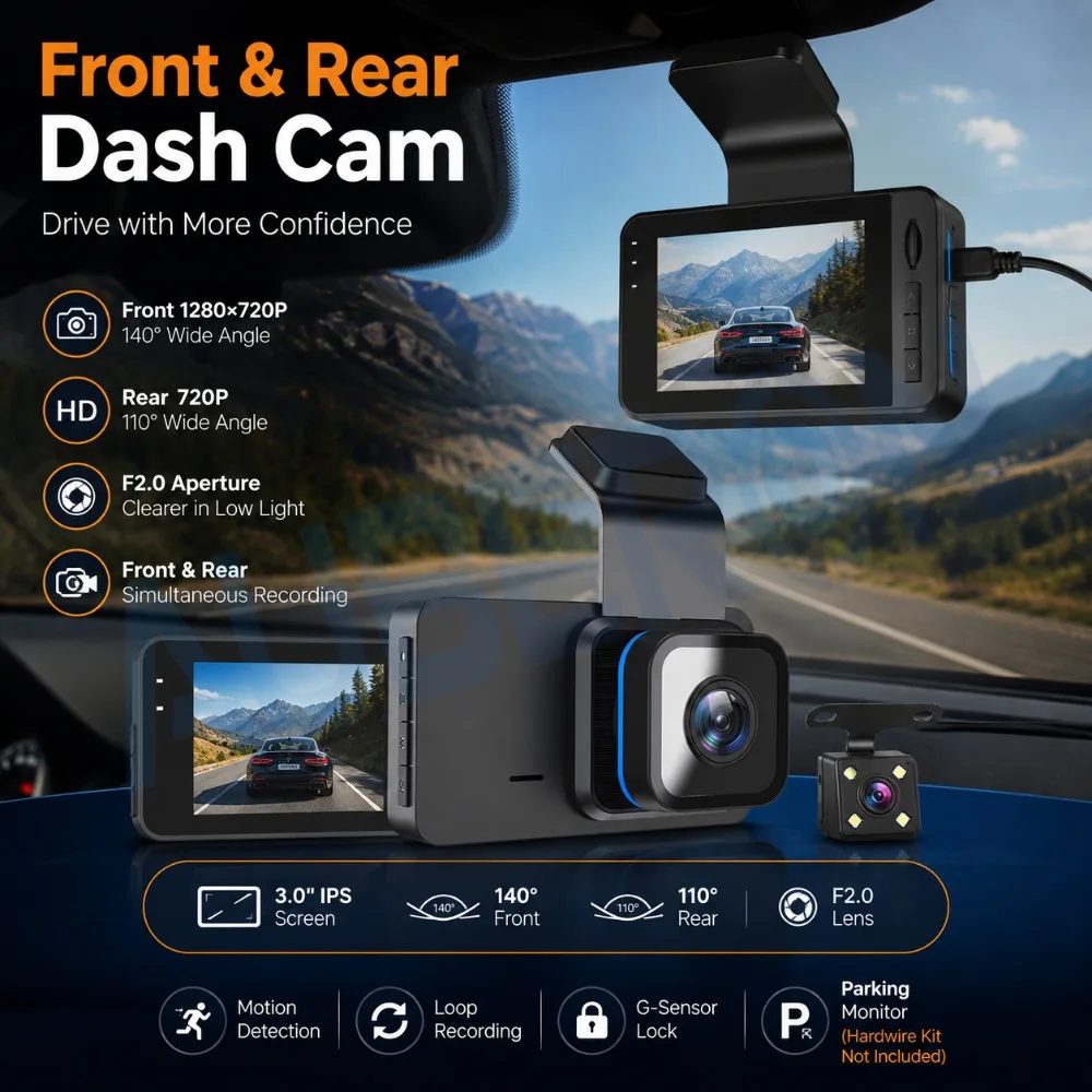 Car Dash Cam DVR Front Rear Dual Lens 1080P HD Video Recorder 3.0 IPS Display Night Vision Loop Recording G-Sensor Parking Cam