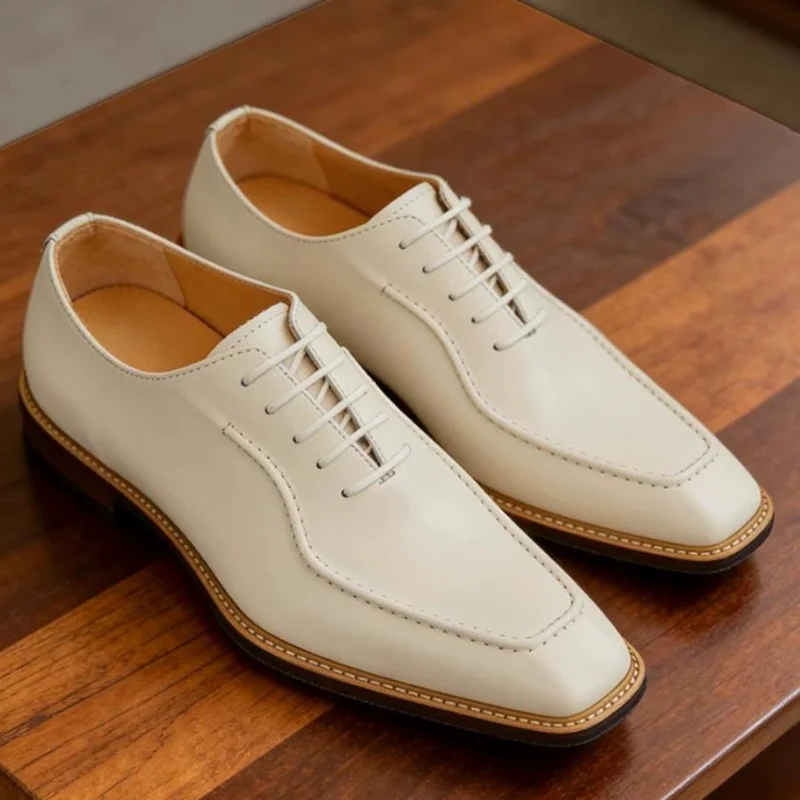Luxury Gray And White Square-toe Lace-up Leather Shoes For Man Cow Leather Lining Business Formal Shoes Oxfords Commuter Shoes