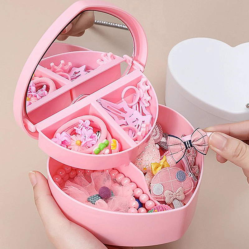 Pink Love Double-layers Jewelry Storage Boxes with Mirror Women's Dressing Cases Rings Holder Dust-proof Display Box Organizer