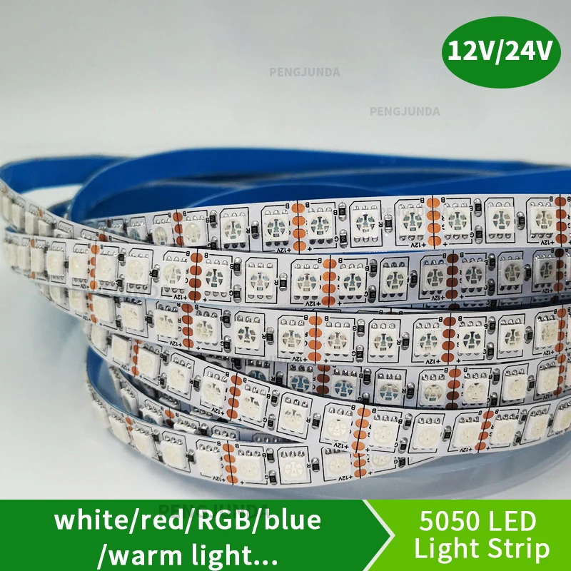 Tira de luces LED Flexible de alto brillo, cinta de iluminación RGB/blanco cálido/blanco, 5050 LED, 5M, 120 DC12V 24V, 5050 LED/m