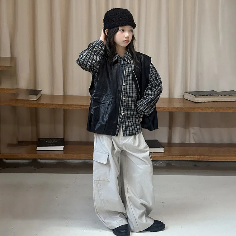 

Kids Girls 2pcs Top Sets Autumn Children Girls Plaid Single-breasted T-shirt School Girls Pocket Leather Vest 4-14Y Girls Outfit