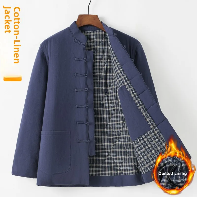

Thiened Cotton Padded Jaet for Middle-Aged And ly Men Chinese Sle Tang Costume with Button Warmth M Sle Winte...